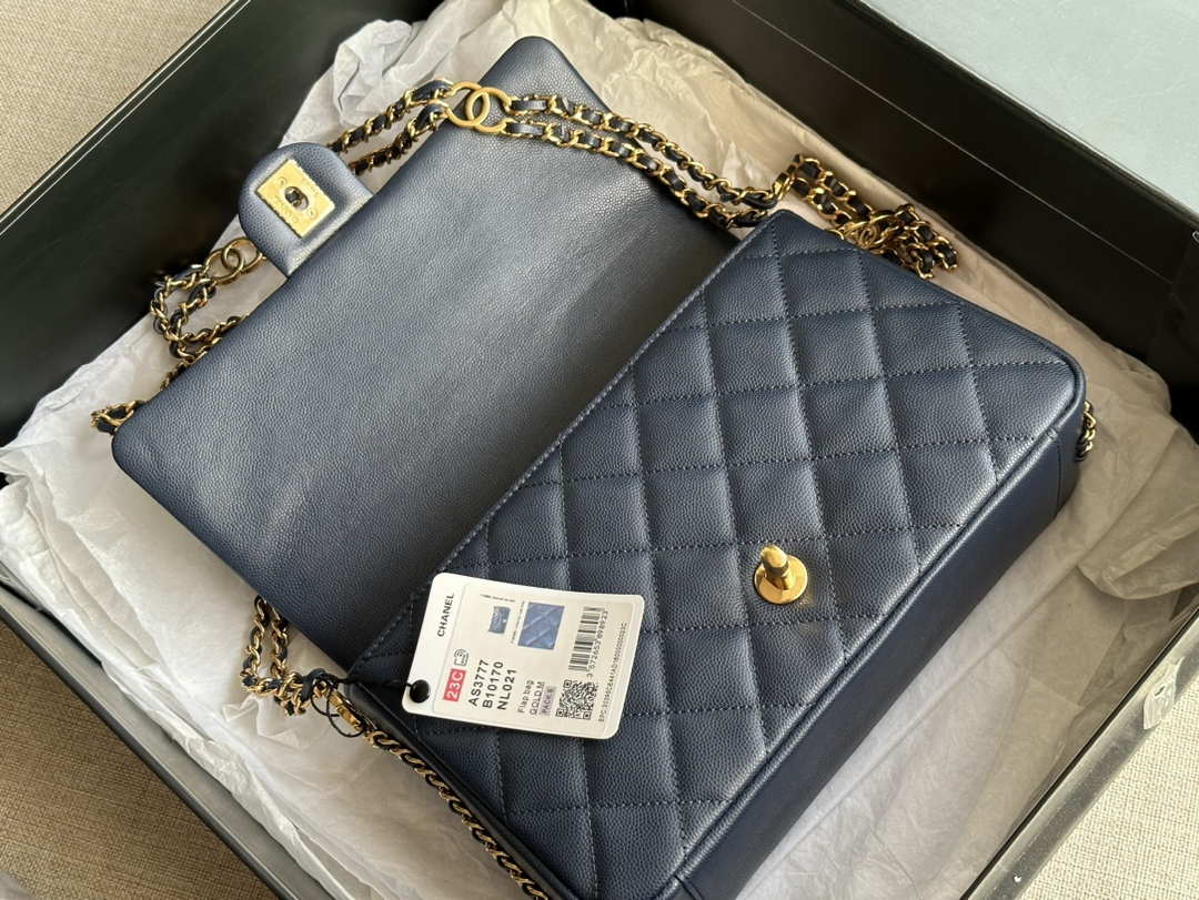 Chanel AS3777 Flap Bag Grained Calfskin & Gold-Tone Metal Navy Blue