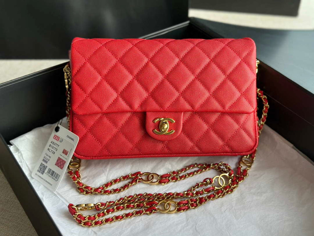Chanel AS3777 Flap Bag Grained Calfskin & Gold-Tone Metal Red