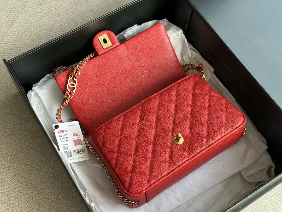 Chanel AS3777 Flap Bag Grained Calfskin & Gold-Tone Metal Red - Default Title - View 7