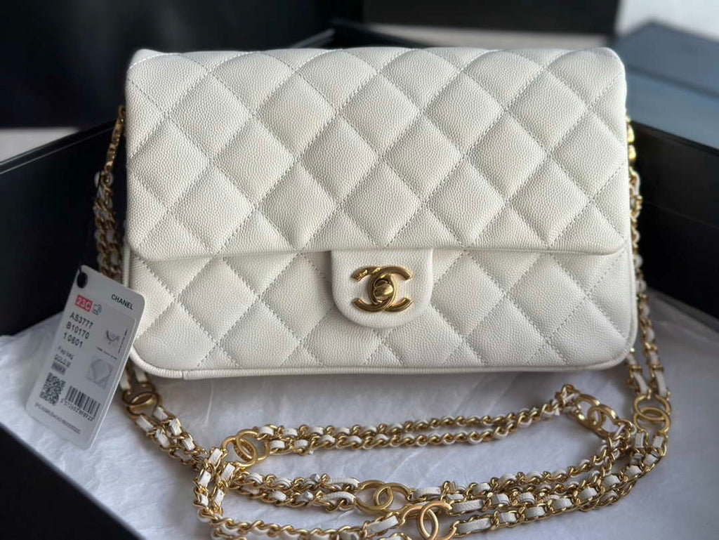 Chanel AS3777 Flap Bag Grained Calfskin & Gold-Tone Metal White