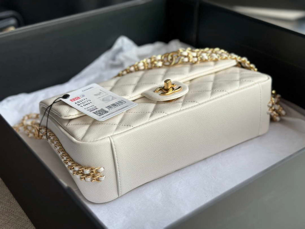 Chanel AS3777 Flap Bag Grained Calfskin & Gold-Tone Metal White