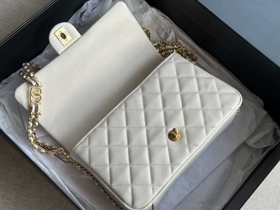 Chanel AS3777 Flap Bag Grained Calfskin & Gold-Tone Metal White