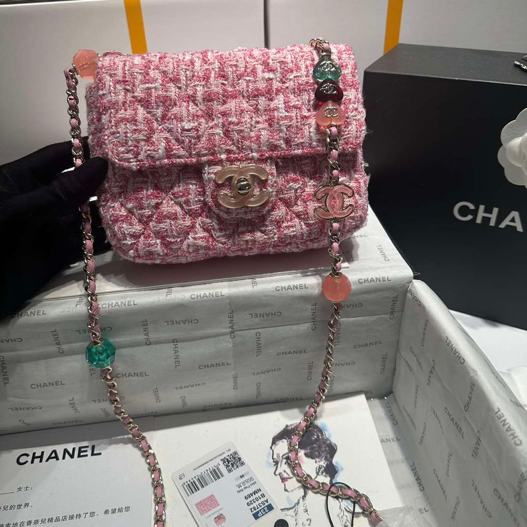 Chanel AS3782 MINI Flap Bag 23P Woolen Enamel Gold-Tone Metal Pink 16cm