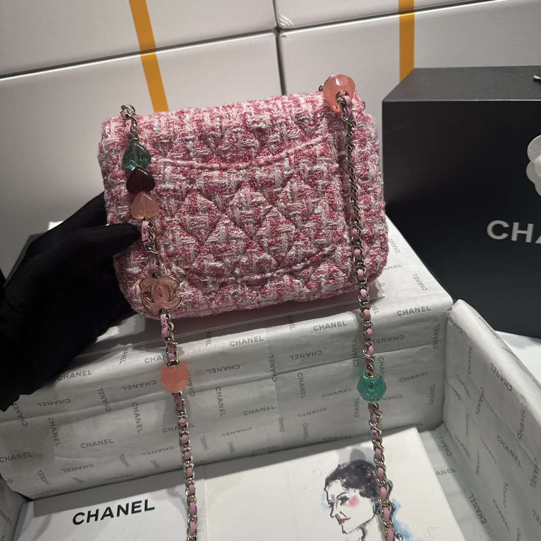 Chanel AS3782 MINI Flap Bag 23P Woolen Enamel Gold-Tone Metal Pink 16cm - Default Title - View 7