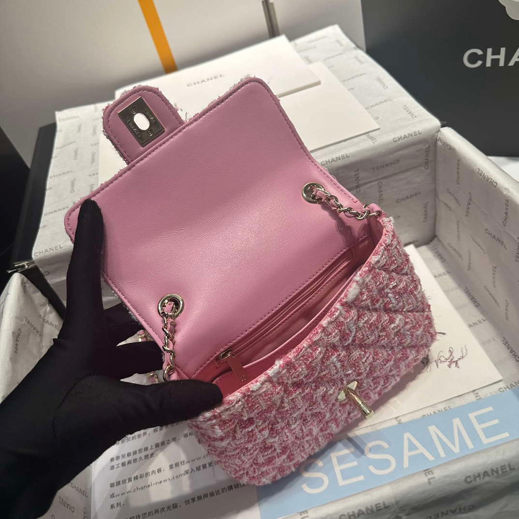 Chanel AS3782 MINI Flap Bag 23P Woolen Enamel Gold-Tone Metal Pink 16cm