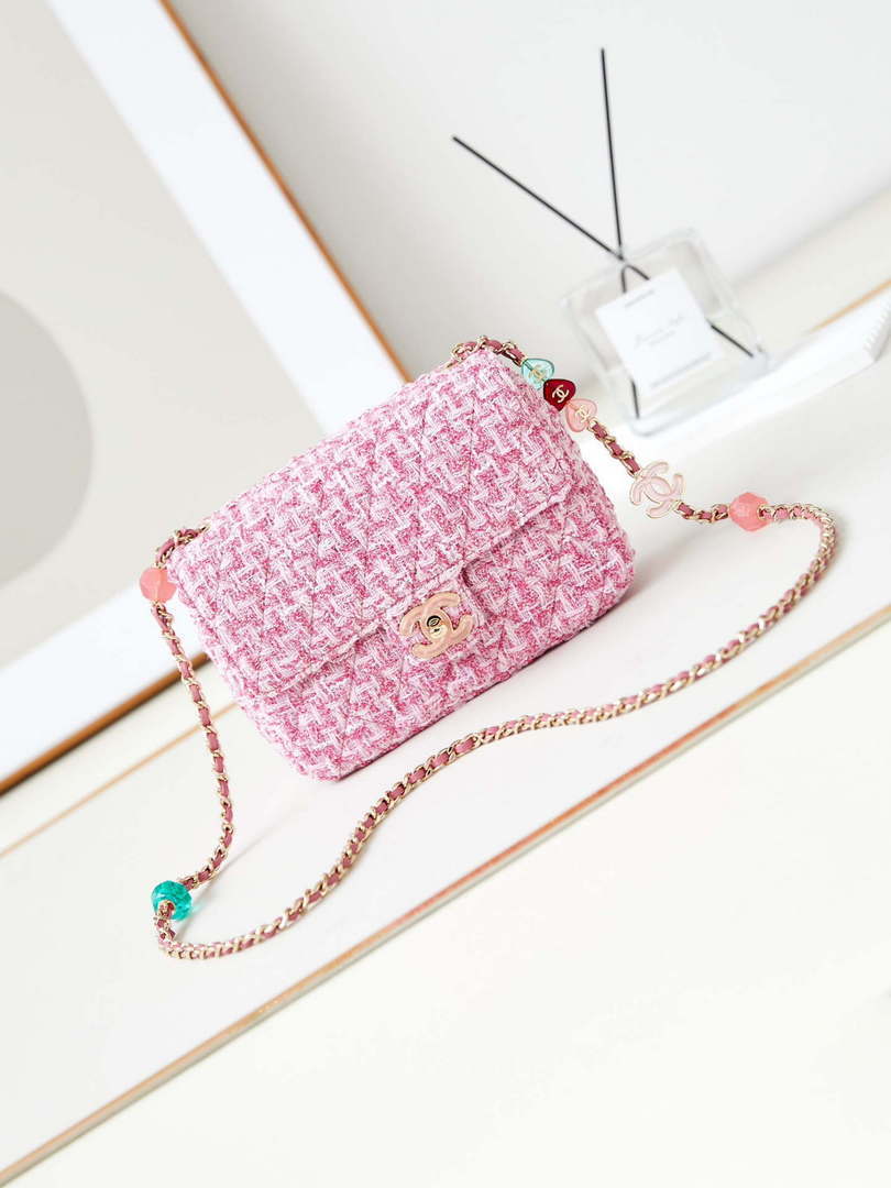 Chanel AS3783 Small Flap Bag 23P Tweed Gold-Tone Metal 18.5 cm Pink - Default Title - View 1