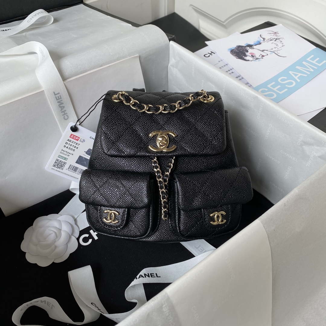 Chanel AS3787 Small Backpack Grained Shiny Calfskin & Gold-Tone Metal Black - Default Title - View 1