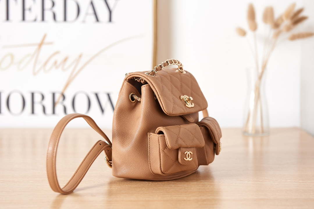 Chanel AS3787 Small Backpack Grained Shiny Calfskin & Gold-Tone Metal Brown - Default Title - View 3