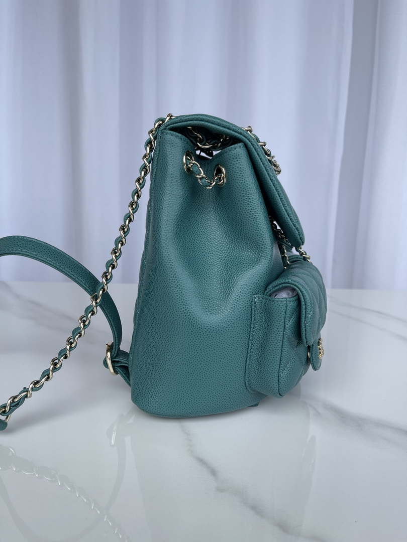 Chanel AS3787 Small Backpack Grained Shiny Calfskin & Gold-Tone Metal Green