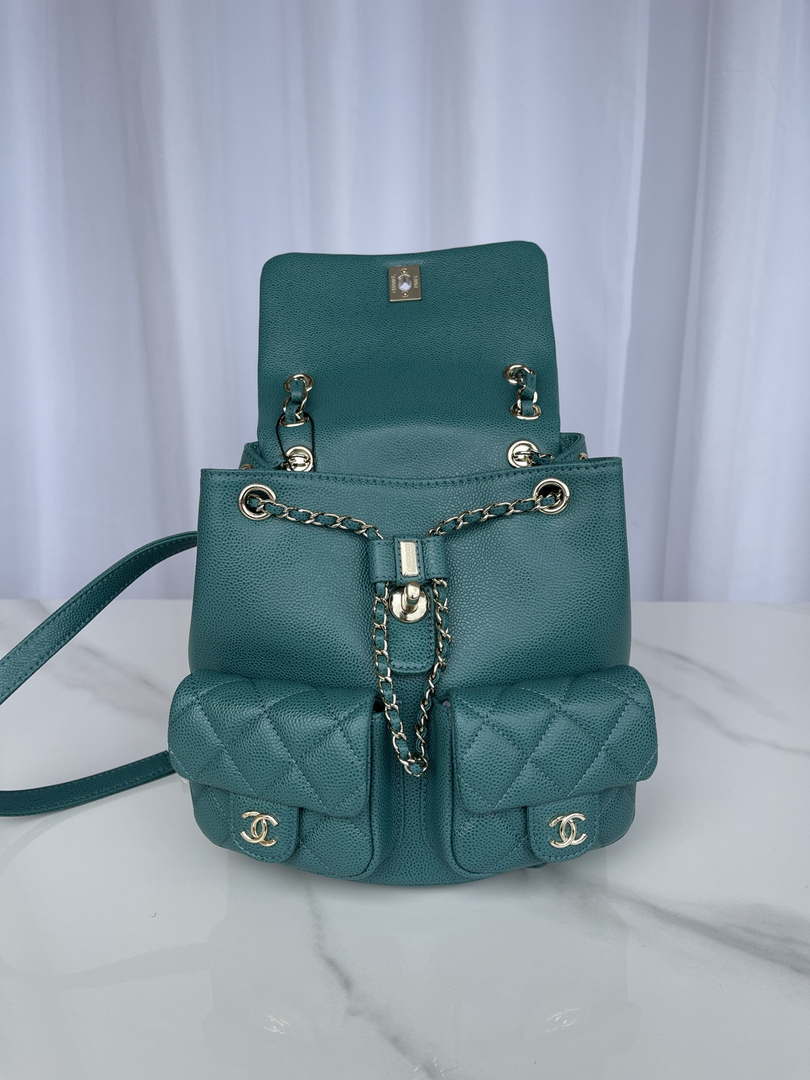 Chanel AS3787 Small Backpack Grained Shiny Calfskin & Gold-Tone Metal Green