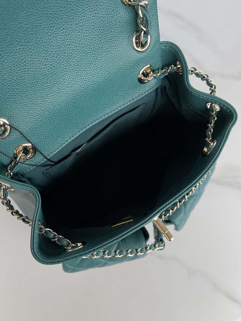 Chanel AS3787 Small Backpack Grained Shiny Calfskin & Gold-Tone Metal Green