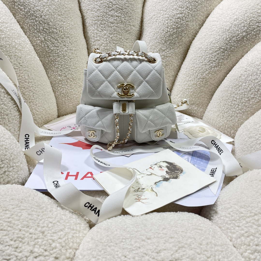 Chanel AS3787 Small Backpack Grained Shiny Calfskin & Gold-Tone Metal White - Default Title - View 1