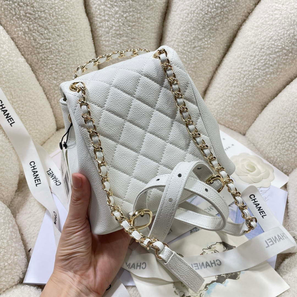 Chanel AS3787 Small Backpack Grained Shiny Calfskin & Gold-Tone Metal White
