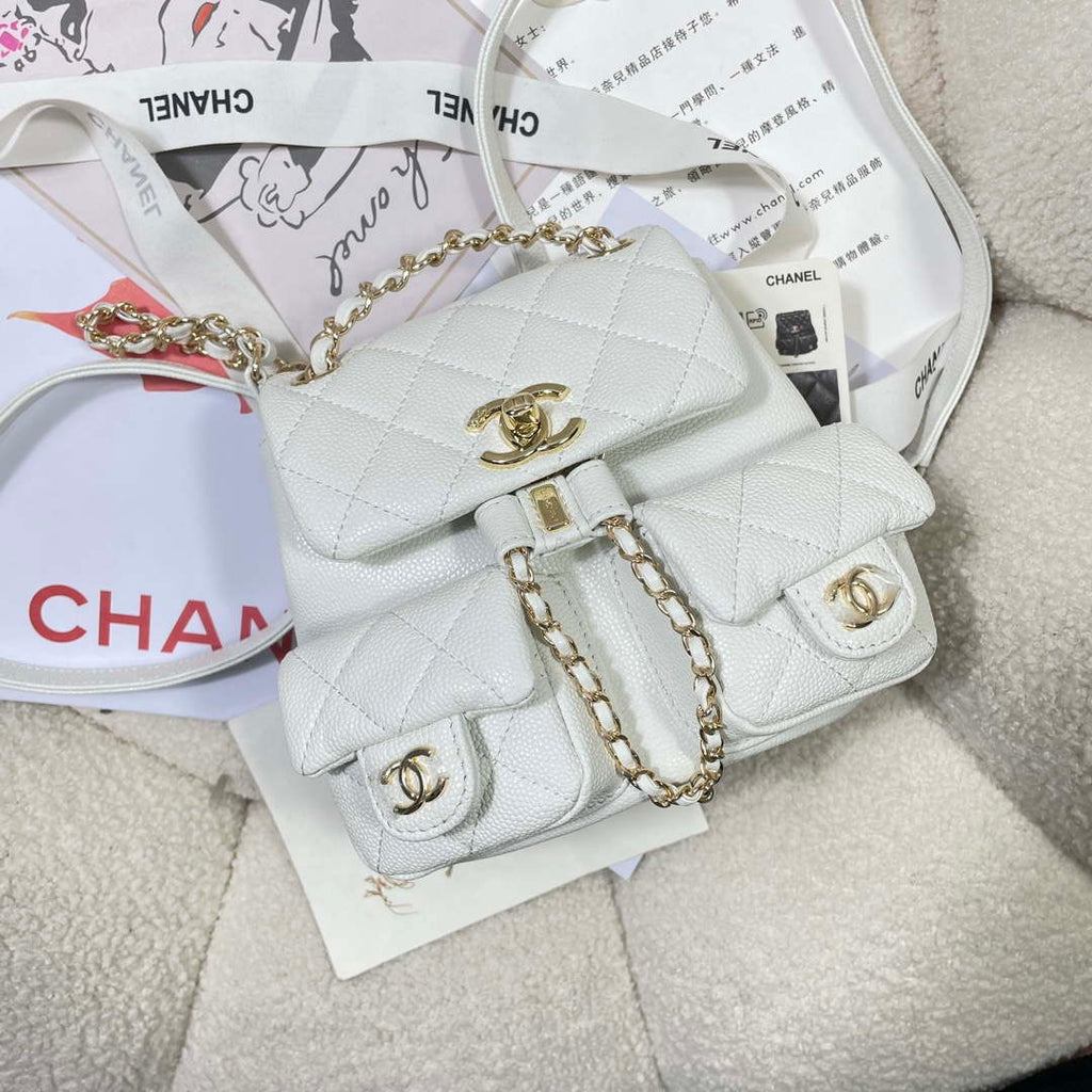 Chanel AS3787 Small Backpack Grained Shiny Calfskin & Gold-Tone Metal White