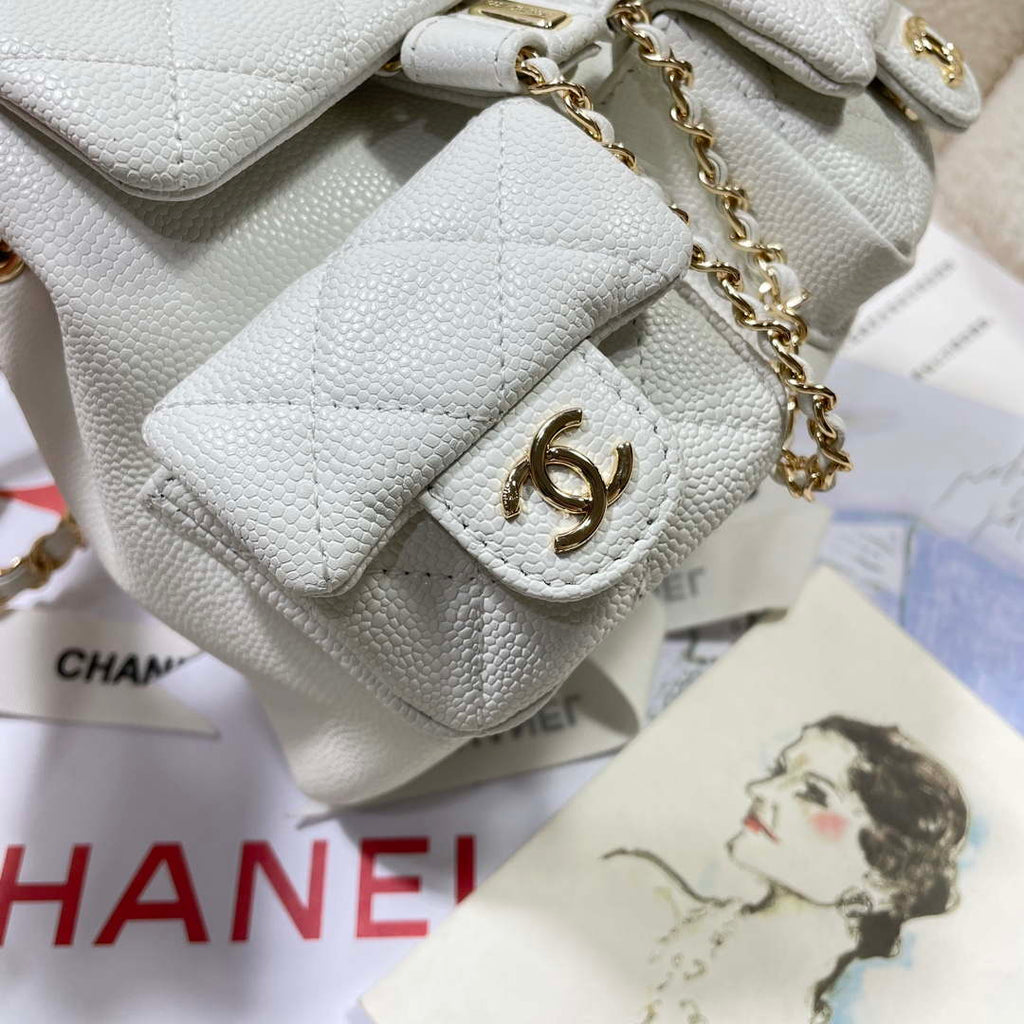 Chanel AS3787 Small Backpack Grained Shiny Calfskin & Gold-Tone Metal White
