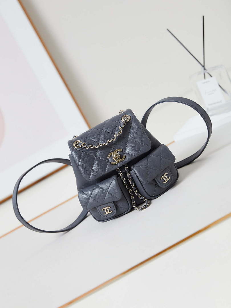 Chanel Small Backpack Grained Shiny Calfskin & Gold-Tone Metal AS3787 Gray - Default Title - View 1