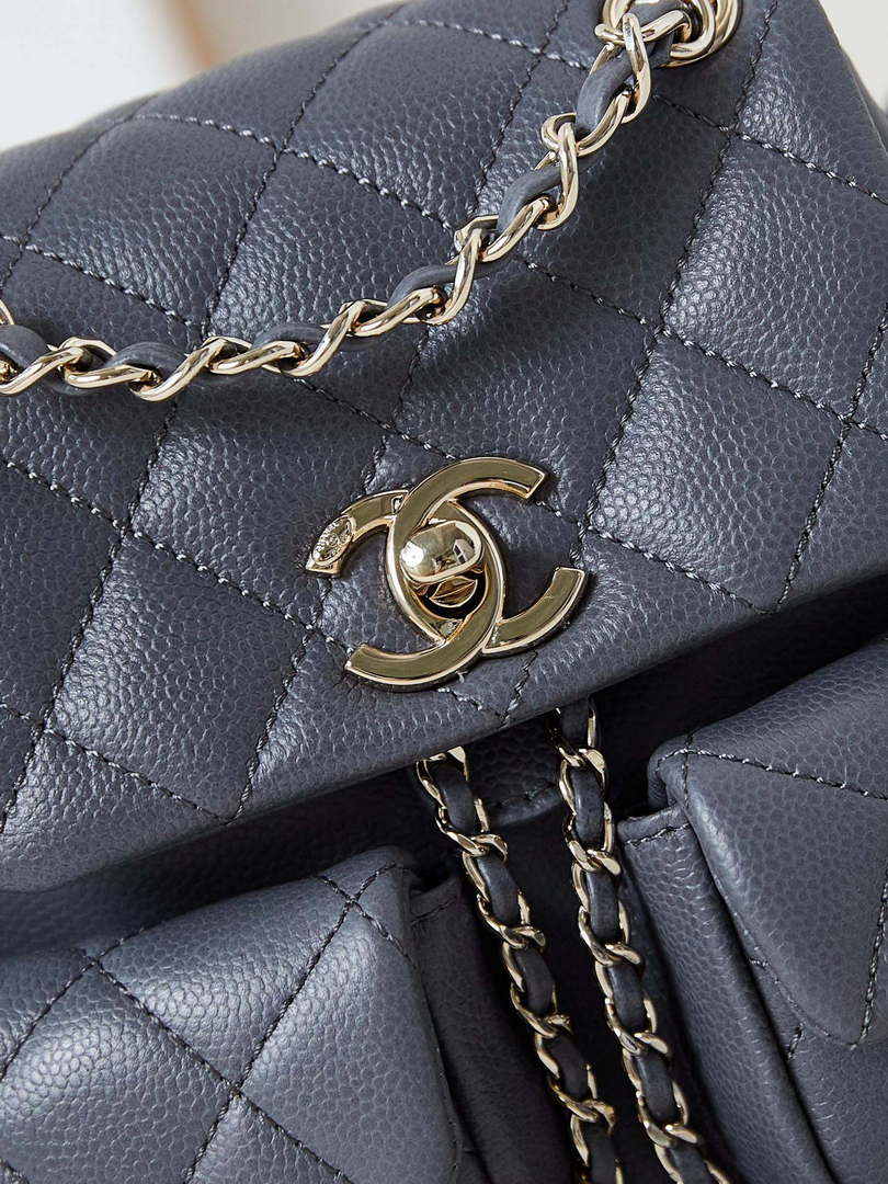 Chanel Small Backpack Grained Shiny Calfskin & Gold-Tone Metal AS3787 Gray