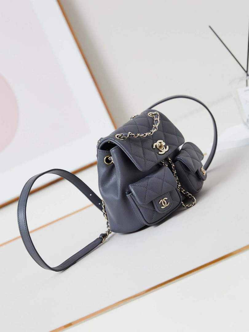 Chanel Small Backpack Grained Shiny Calfskin & Gold-Tone Metal AS3787 Gray - Default Title - View 3