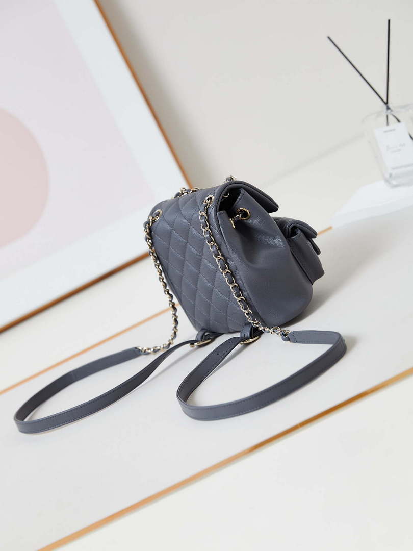 Chanel Small Backpack Grained Shiny Calfskin & Gold-Tone Metal AS3787 Gray