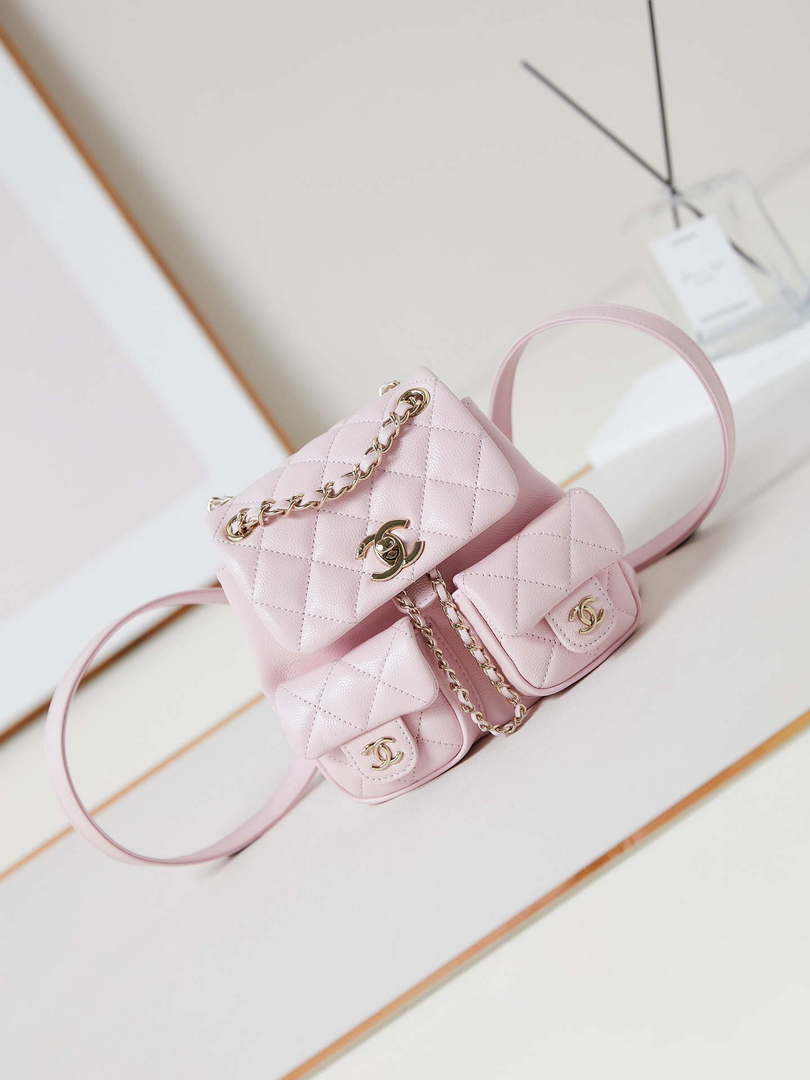 Chanel AS3787 Small Backpack Grained Shiny Calfskin & Gold-Tone Metal Light Pink