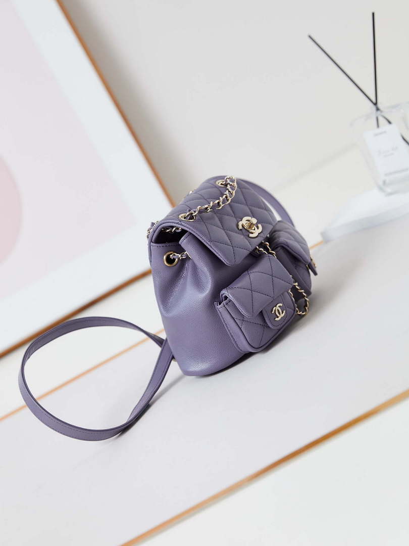 Chanel AS3787 Small Backpack Grained Shiny Calfskin & Gold-Tone Metal Light Purple