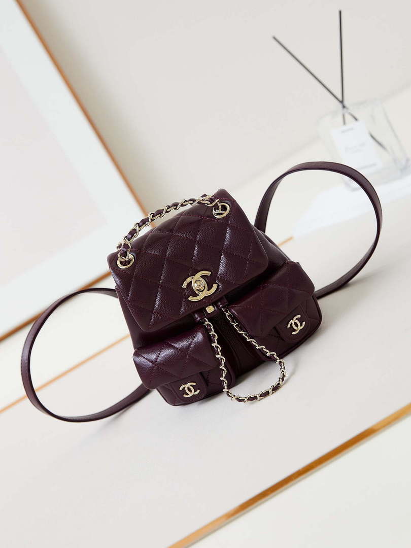Chanel AS3787 Small Backpack Grained Shiny Calfskin & Gold-Tone Metal Wine Red
