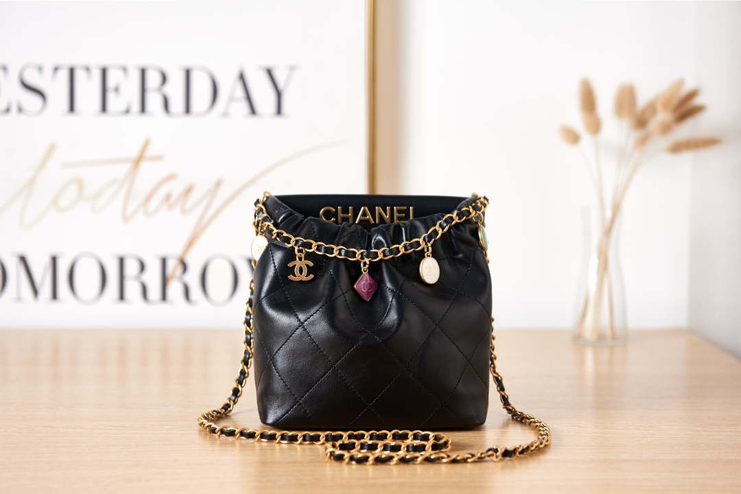 Chanel AS3793 Small Bucket Bag Lambskin Resin & Gold-Tone Metal Black - Default Title - View 1