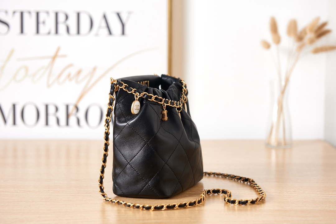 Chanel AS3793 Small Bucket Bag Lambskin Resin & Gold-Tone Metal Black - Default Title - View 5