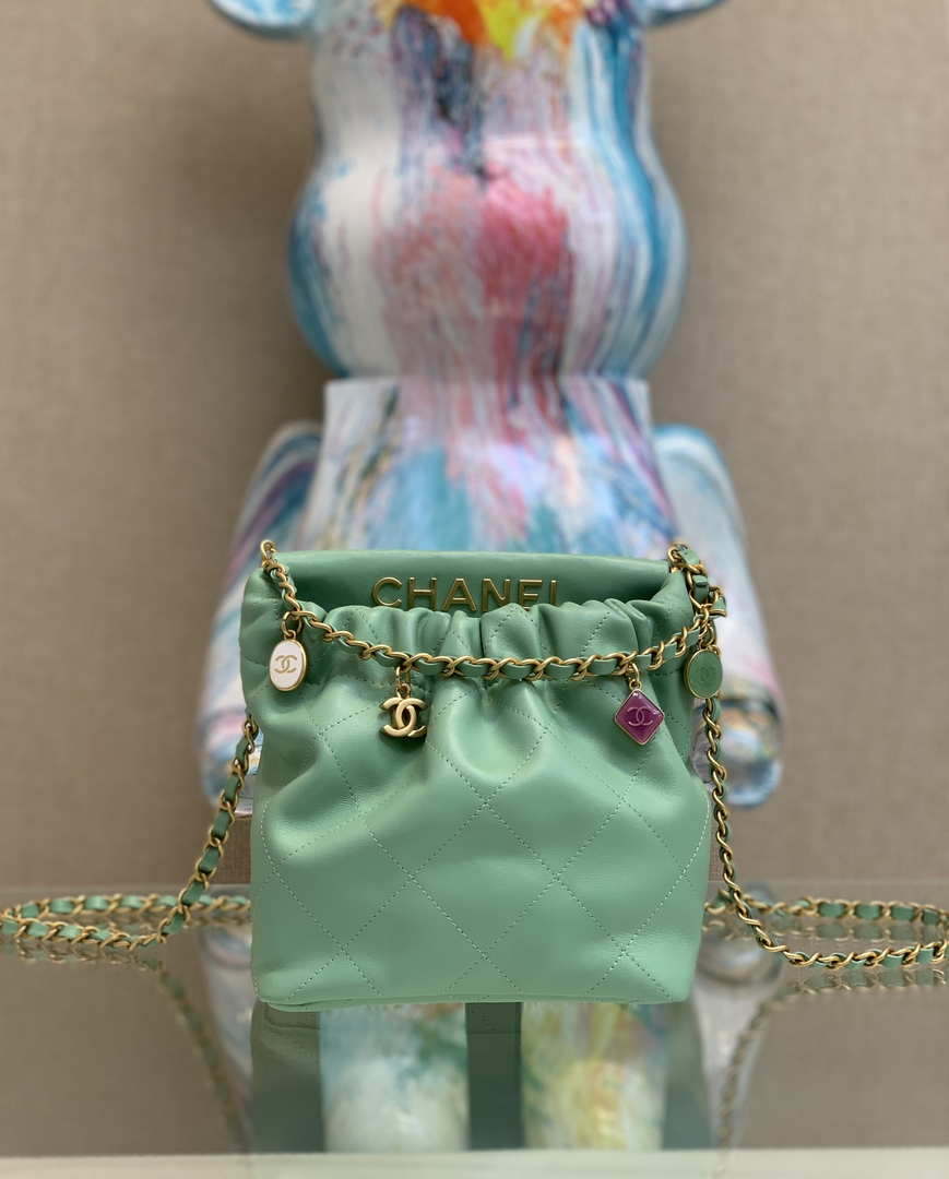 Chanel AS3793 Small Bucket Bag Lambskin Resin & Gold-Tone Metal Light Green - Default Title - View 1
