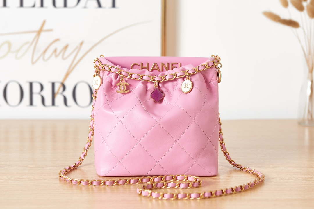 Chanel AS3793 Small Bucket Bag Lambskin Resin & Gold-Tone Metal Pink - Default Title - View 1