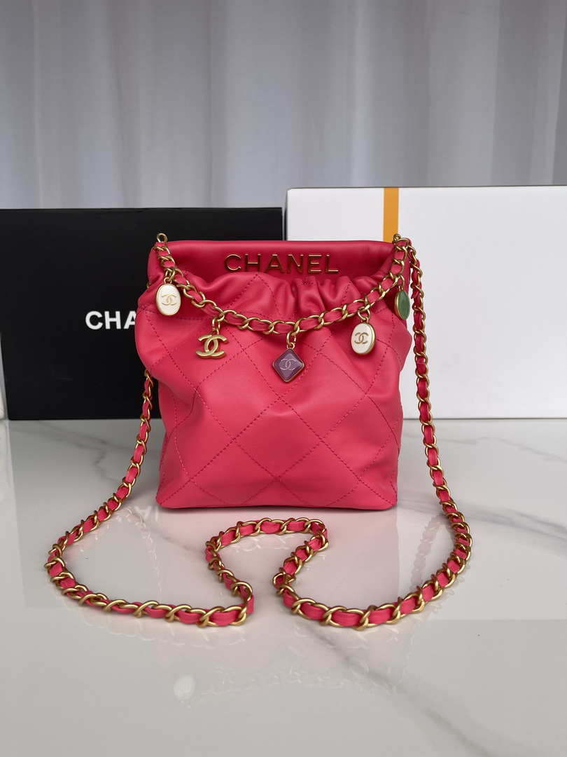 Chanel AS3793 Small Bucket Bag Lambskin Resin & Gold-Tone Metal Red - Default Title - View 1