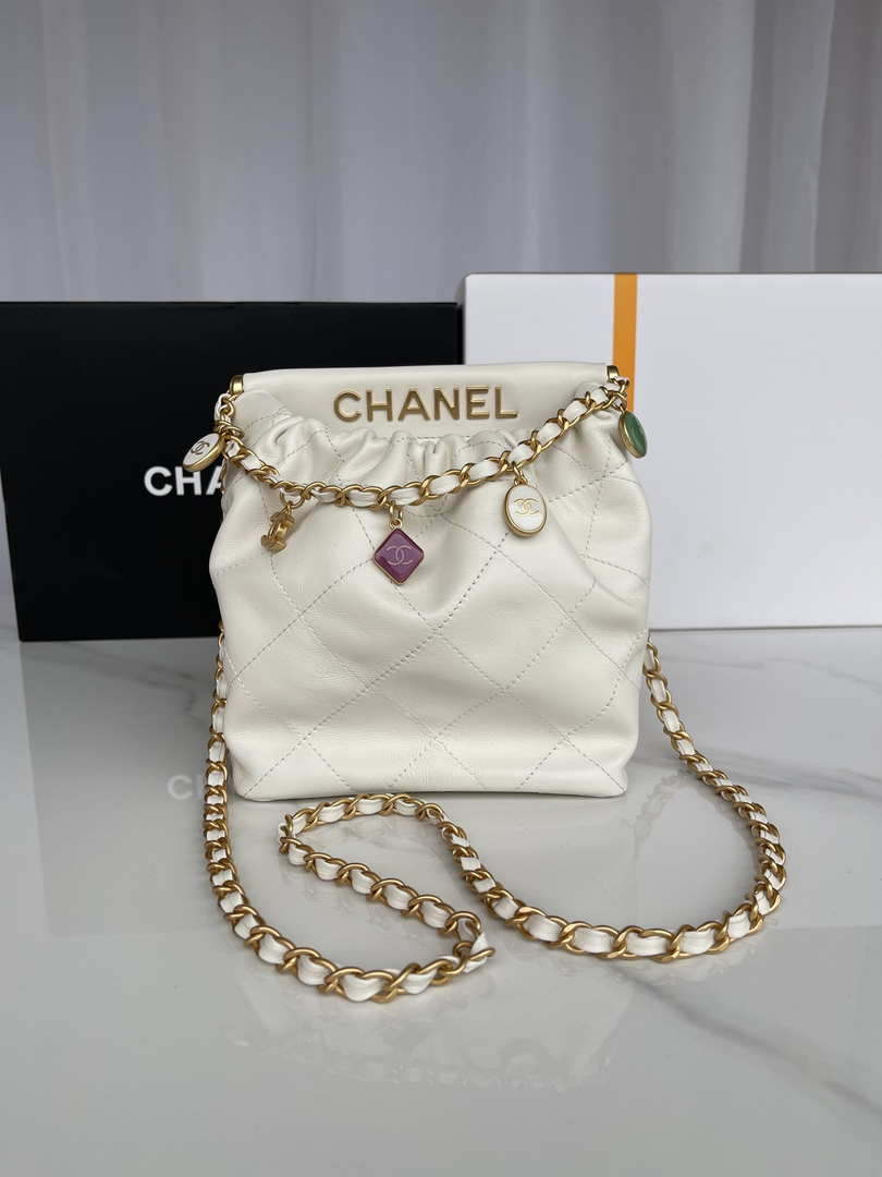 Chanel AS3793 Small Bucket Bag Lambskin Resin & Gold-Tone Metal White - Default Title - View 1