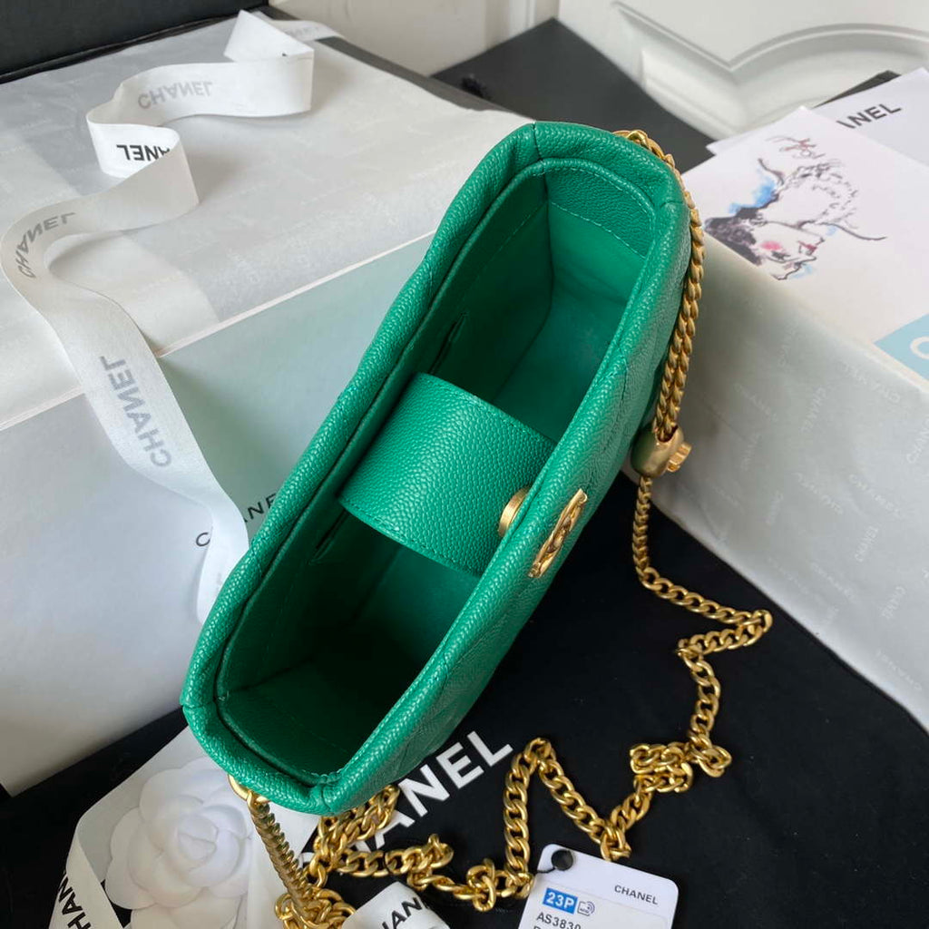 Chanel AS3830 Small Hobo Handbag Green Calfskin Gold