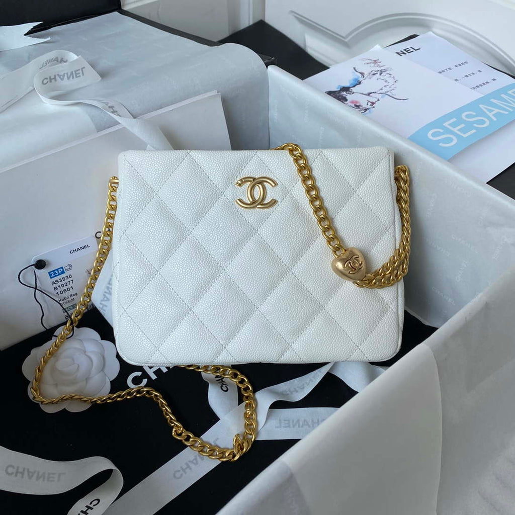Chanel AS3830 Small Hobo Handbag White Calfskin Gold