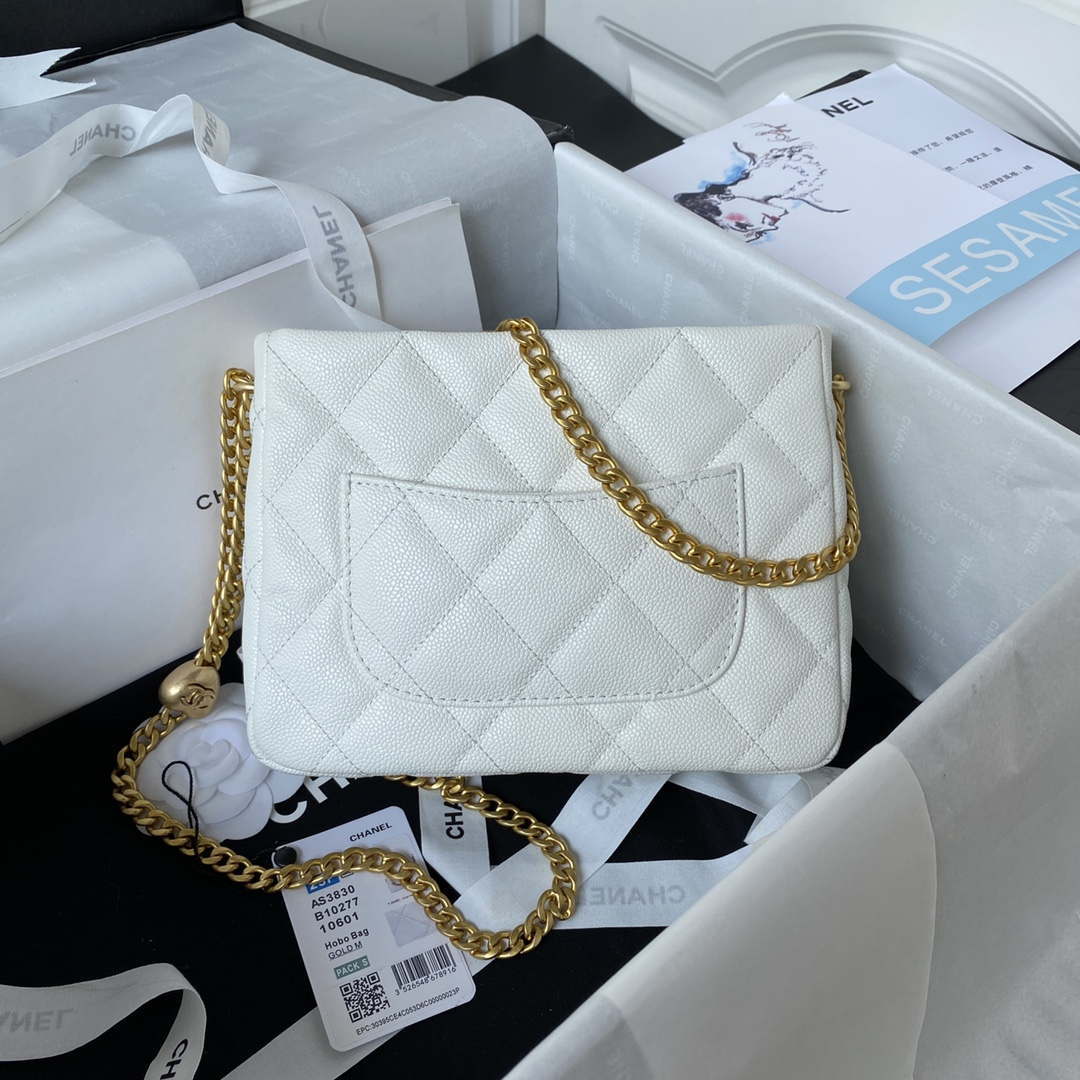 Chanel AS3830 Small Hobo Handbag White Calfskin Gold