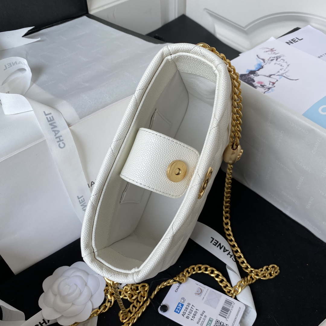 Chanel AS3830 Small Hobo Handbag White Calfskin Gold
