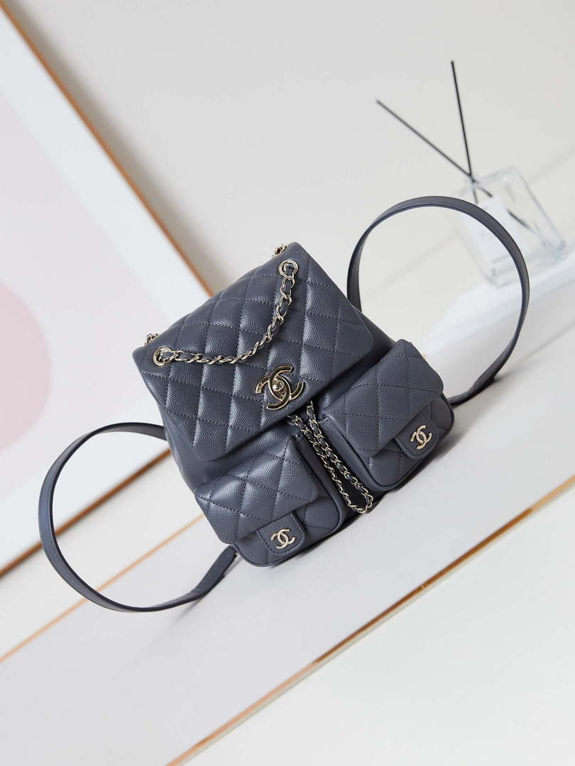 Chanel AS3860 Backpack Grained Shiny Calfskin Gold Gray