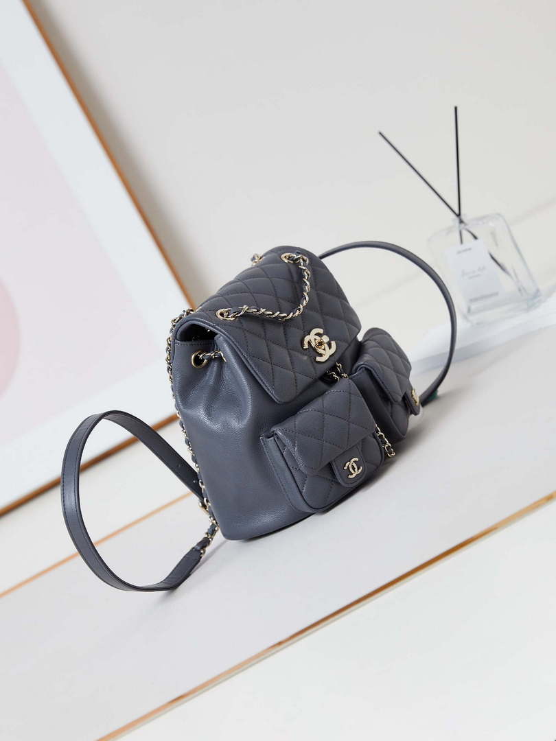 Chanel AS3860 Backpack Grained Shiny Calfskin Gold Gray
