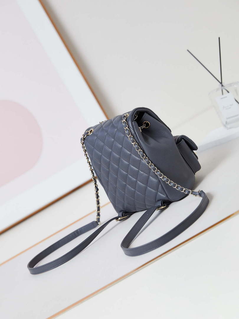 Chanel AS3860 Backpack Grained Shiny Calfskin Gold Gray