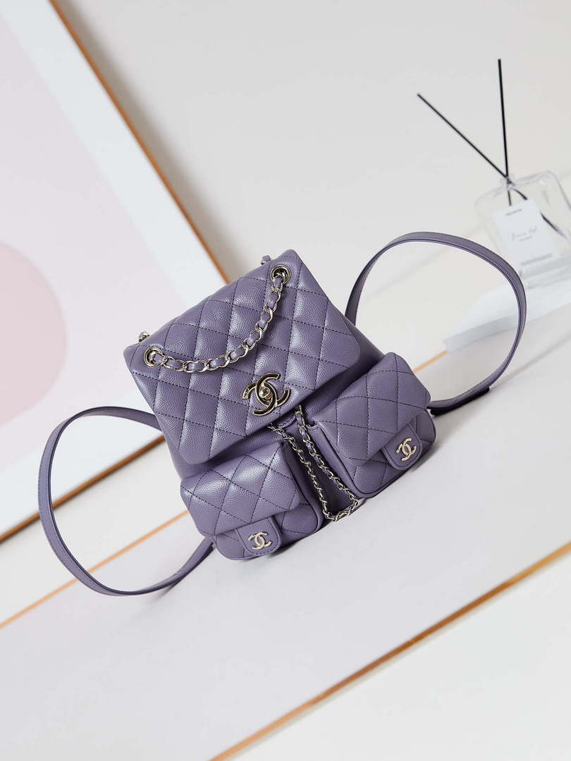 Chanel AS3860 Backpack Grained Shiny Calfskin Gold Light Purple