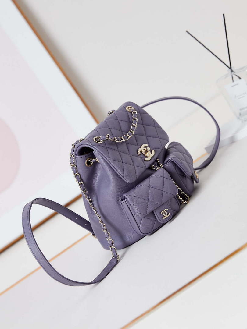 Chanel AS3860 Backpack Grained Shiny Calfskin Gold Light Purple