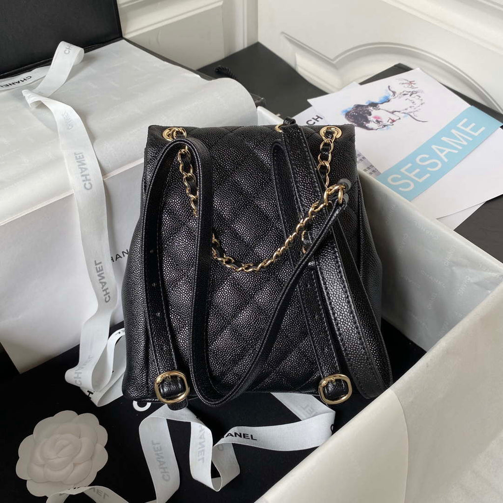 Chanel AS3860 Backpack Grained Shiny Calfskin & Gold-Tone Metal Black