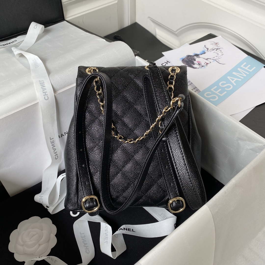 Chanel AS3860 Backpack Grained Shiny Calfskin & Gold-Tone Metal Black