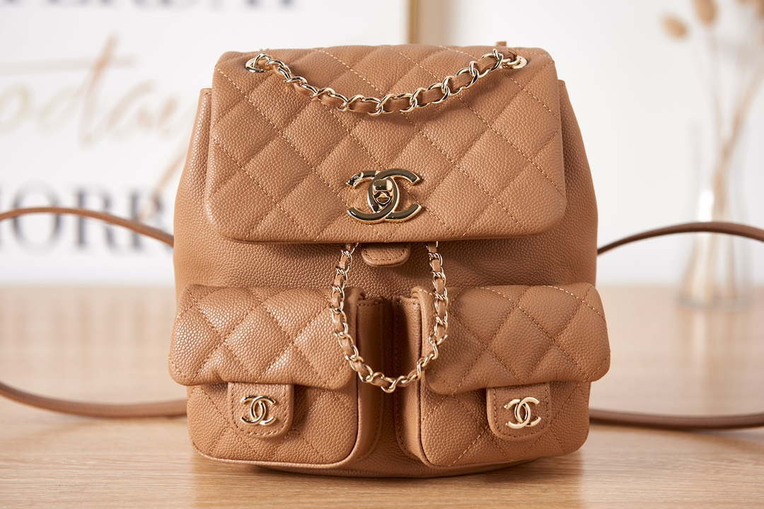 Chanel AS3860 Backpack Grained Shiny Calfskin & Gold-Tone Metal Brown - Default Title - View 1