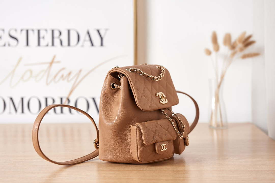 Chanel AS3860 Backpack Grained Shiny Calfskin & Gold-Tone Metal Brown
