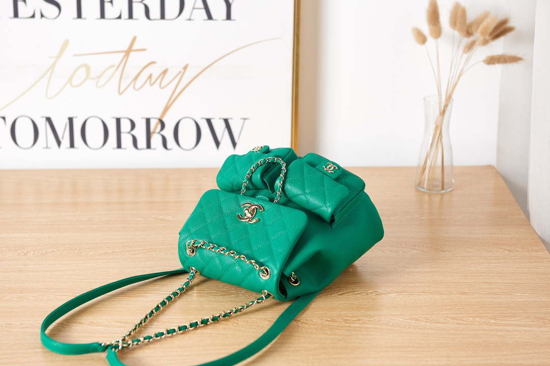 Chanel AS3860 Backpack Grained Shiny Calfskin & Gold-Tone Metal Green - Default Title - View 5