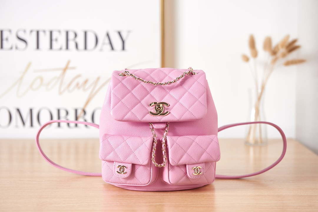 Chanel AS3860 Backpack Grained Shiny Calfskin & Gold-Tone Metal Pink - Default Title - View 1
