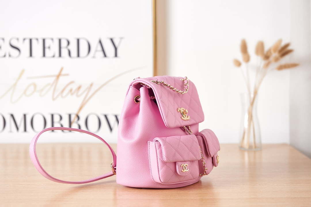 Chanel AS3860 Backpack Grained Shiny Calfskin & Gold-Tone Metal Pink - Default Title - View 3