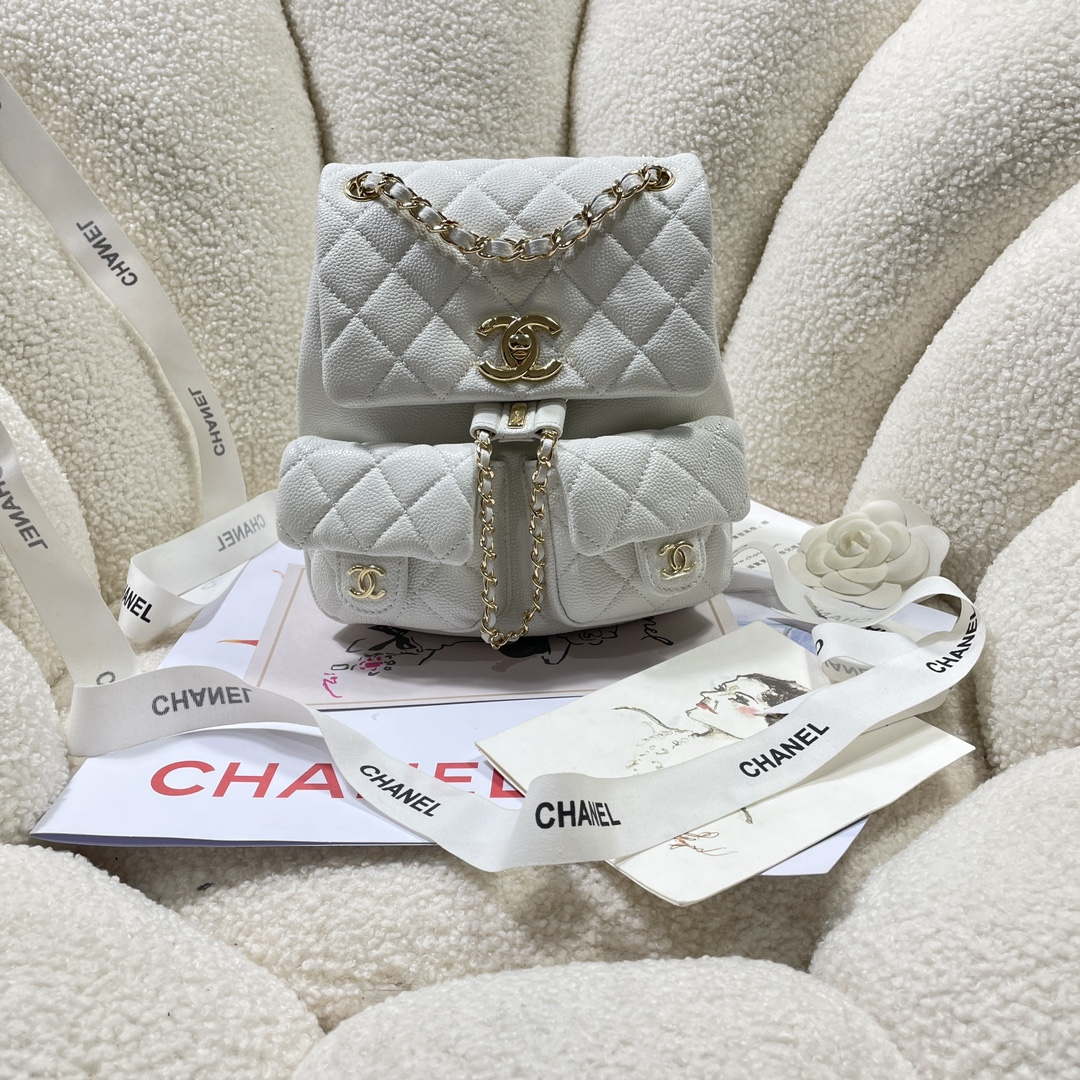 Chanel AS3860 Backpack Grained Shiny Calfskin & Gold-Tone Metal White - Default Title - View 1