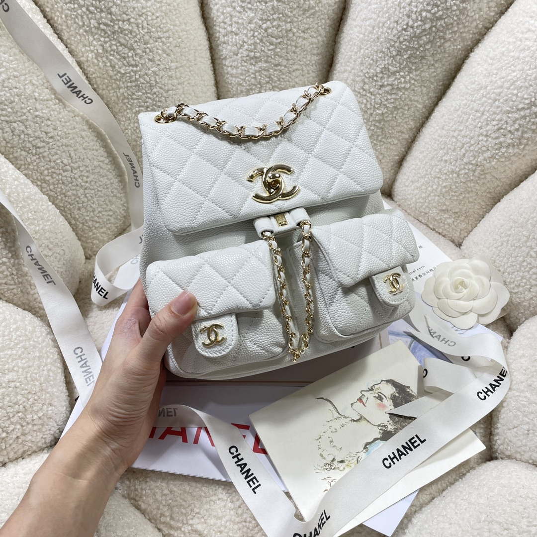 Chanel AS3860 Backpack Grained Shiny Calfskin & Gold-Tone Metal White - Default Title - View 2